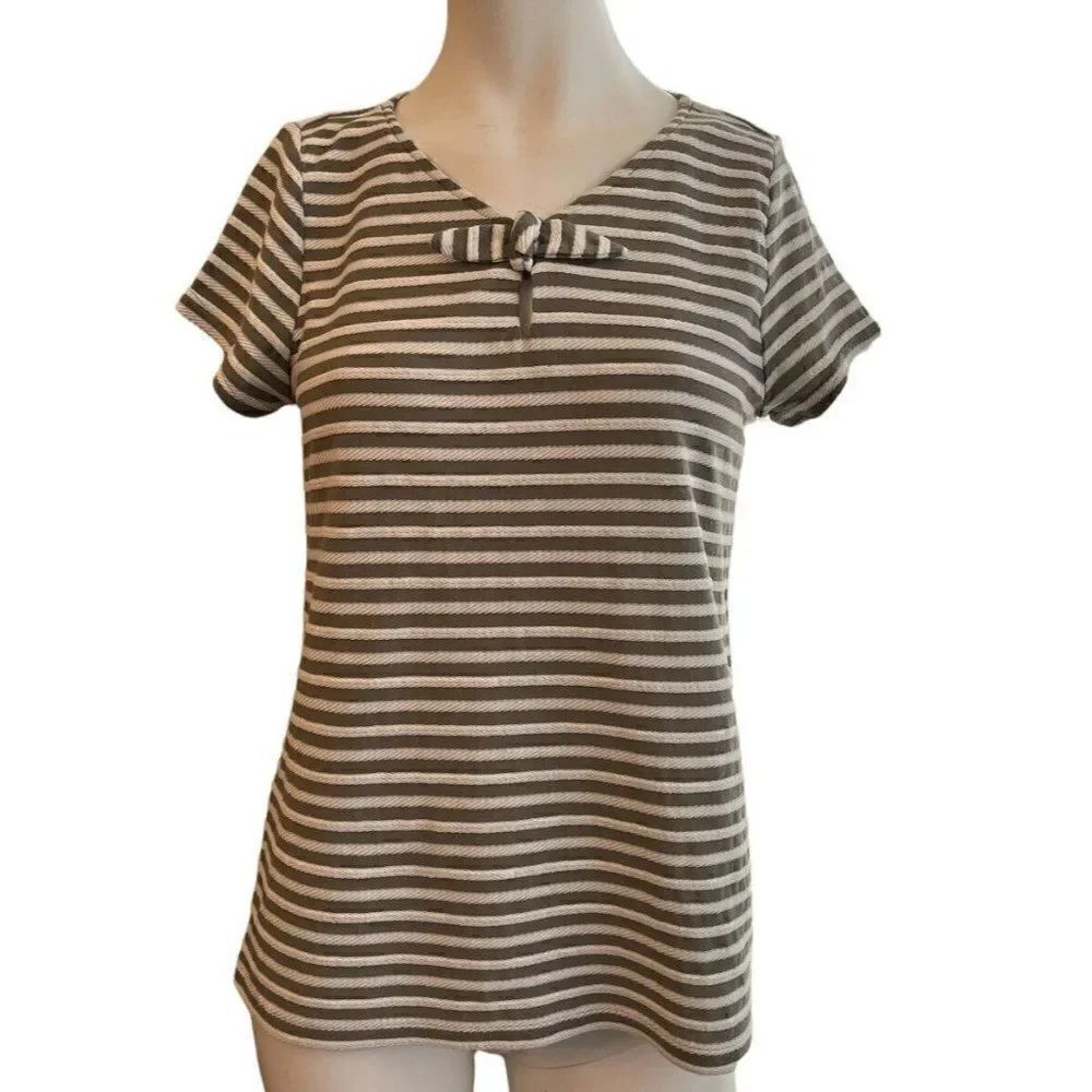 Liz Claiborne Ladies S Gray White Striped Top Short Sleeve Bow Keyhole Blouse